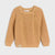 A mustard yellow textured knit baby sweater with long raglan sleeves, a round neckline, and an asymmetrical button closure on the chest, shown flat on a light gray background.