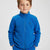 A young boy wearing a bright blue fleece zip-up jacket with a small dark embroidered logo on the left chest, photographed against a light gray studio background.