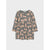 A long-sleeve children's dress with a gathered waist and an all-over cat print in dusty pink on a gray background, shown flat against a light gray backdrop.