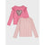 Two girls' long-sleeve tops in pink tones on a light gray background. The top on the left is medium pink with ruffled shoulders and a leopard-print heart on the chest.