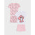 A children's pajama set laid out on a light gray background, featuring a pink short-sleeve pajama top and matching shorts with a cherry print, a white short-sleeve pajama top with a pink poodle graphic, and solid light pink shorts.