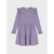 A long-sleeve lilac ribbed knit dress for toddlers, featuring ruffled shoulder details, a gathered waist, and a tiered skirt, shown against a light gray background.
