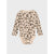 A long-sleeve baby bodysuit with a beige and brown leopard print pattern, displayed flat against a light gray background.