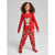 A young girl with curly brown hair smiling while wearing a red long-sleeve Grinch pajama top and matching red pajama pants with a green Grinch print, photographed against a light gray studio background.