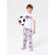 A young boy stands barefoot against a light gray studio background, holding a black-and-white soccer ball. He is wearing a white short-sleeve T-shirt with a red and blue 'GOAL' graphic and white pajama pants covered in a soccer-themed print.