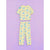 A two-piece children's pajama set featuring a short-sleeve top and matching pants in pale yellow, decorated with a playful pattern of blue cartoon clouds and orange rainbows, displayed flat against a light purple background.