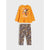 A toddler girl's two-piece Halloween outfit featuring a bright orange long-sleeve top with a Minnie Mouse 'GET Spooky' graphic and matching gray leggings with an all-over pumpkin, bat, and Minnie Mouse print.