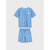 A two-piece kids' pajama set featuring a short-sleeve t-shirt and matching shorts in light blue with a darker blue scallop pattern and a small yellow crown graphic on the chest, displayed on a light gray background.