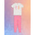 A children's two-piece pajama set consisting of a white short-sleeve top with pink and orange cartoon girl graphics, and pink pants with a small yellow pattern, displayed flat against a textured pink, purple, and blue gradient background.