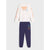 A two-piece kids' pajama set featuring a white long-sleeve shirt with 'GAMER MOOD' and game controller graphics on the front, and navy blue jogger pants with colorful controller graphics on the thigh.