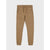 A pair of brown jogger pants with a drawstring waist, side pockets, and diagonal seam details on the legs, shown against a light gray background.
