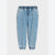 Light blue denim jogger pants with an elastic waistband, drawstring, and cuffed ankles, shown flat on a light gray background.