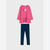 A two-piece children's outfit set featuring a bright pink long-sleeve top with a heart graphic on the chest and matching dark navy blue leggings, displayed flat against a light gray background.