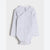 A light gray ribbed long-sleeve baby bodysuit with an asymmetrical wrap design, laid flat against a light gray background.