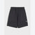 Black fleece drawstring shorts with side pockets and a small woven brand label on the lower left leg, shown flat against a light gray background.