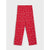Red leggings with an all-over white snowflake pattern, displayed flat against a light gray background.