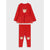 A two-piece toddler girl's outfit set in bright red, featuring a long-sleeve top with a ruffled tulle hem and a matching pair of leggings. Both pieces are decorated with a cute embroidered reindeer face on the chest and upper thigh.