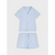 A light blue two-piece pajama set consisting of a short-sleeve button-front top with a collar and matching shorts, laid flat on a light gray background.