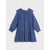 A blue long-sleeve babydoll dress with a small white and yellow floral print, featuring a ruffled collar and tiered skirt, shown flat on a light gray background.