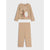 A two-piece children's pajama set in a warm beige/tan color, featuring a long-sleeve top with a festive graphic of a reindeer, polar bear, and snowflakes, paired with matching straight-leg pants, shown against a light gray background.