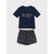 A two-piece kids' outfit set featuring a navy blue short-sleeve t-shirt with gold cursive text and matching navy shorts with a gold abstract pattern, displayed on a light gray background.