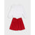A two-piece girls' outfit set featuring a white long-sleeve crop top with ruffle details on the shoulders and a red pleated skirt with a large bow at the waist, displayed flat on a light gray background.