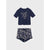 A two-piece children's outfit set featuring a short-sleeve t-shirt and matching shorts in navy blue with white celestial sun and moon prints, displayed on a light gray background.