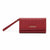 A red textured leather wristlet clutch with a matching wrist strap and a gold-tone 'bebe' logo on the front, shown against a plain white background.