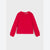 A bright red long-sleeve top with a delicate lace or crochet collar, displayed flat against a light gray background.