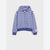 A children's zip-up hoodie with horizontal blue and white stripes, featuring a blue ribbed hem, cuffs, and hood, displayed on a light gray background.