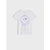A white short-sleeve t-shirt with a purple smiley face graphic on the front, featuring a heart-shaped eye and small pastel smiley faces underneath, displayed against a light gray background.