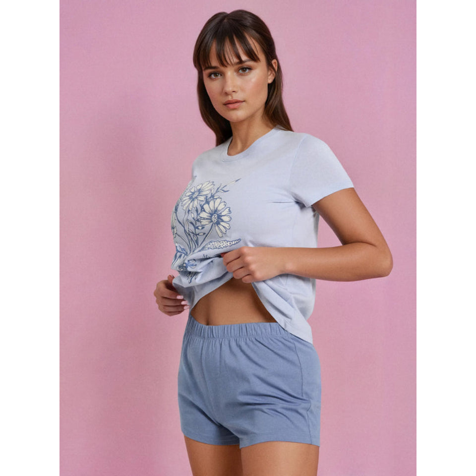 Sinsay Women's Blue Flower Printed Short Pajama Set