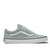 A single Vans Old Skool sneaker in a light sage green colorway, featuring a white side stripe, white laces, and a white rubber sole with a thin black stripe.