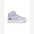 A light gray high-top sneaker with a pink sole, pink logo accents, and a hook-and-loop strap closure on the side.