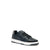 A dark navy blue leather low-top sneaker with black laces, a white midsole, and a black outsole, shown from a three-quarters angle on a plain white background.