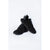 A pair of black athletic sneakers with a breathable mesh upper and thick black soles, displayed on a clean white background.