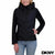 A woman wearing a black DKNY hooded zip-front jacket with quilted chevron detailing on the front, paired with blue jeans, shown against a plain white background with the DKNY logo in the bottom right corner.