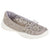 A light gray knit slip-on shoe with floral cutout patterns, a matching gray bow on the toe, and a thick white sole, shown against a plain white background.