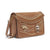 A brown suede shoulder bag with gold-tone chain strap, studded borders, rhinestone embellishments, a shell motif, and a skull emblem on the front flap, shown on a white background.