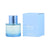 Blue perfume bottle and packaging on a white background