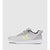 A light gray athletic sneaker with a textured mesh upper, white sole, lime green chevron logo, and lime green laces, shown from a side profile on a light gray background.