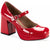 A glossy red patent leather Mary Jane pump with a chunky block heel, platform sole, and a silver-tone buckle closure, shown on a white background.