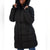 A woman wearing a black hooded puffer coat with a front zipper, horizontal quilted padding, a zippered chest pocket, and a belt detail, shown against a plain white background.