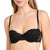 A close-up of a woman wearing a black lace underwire bra with thin adjustable shoulder straps and scalloped edges, shown against a plain white background.