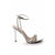 A single metallic silver high-heeled sandal with an ankle strap and thin crisscross front straps embellished with rhinestones, shown from a side profile on a white background.