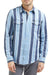 Man wearing a blue and white striped shirt on a white background