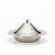 Stainless steel covered dish on a white background