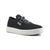 A black knit lace-up sneaker with a thick white platform sole, shown from a three-quarters angle on a white background.