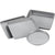 A set of four aluminum baking pans in different sizes, including two rectangular pans, one square pan, and one round cake pan, arranged on a plain white background.