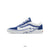 A classic low-top skate shoe in white and royal blue, featuring a prominent blue lightning bolt graphic on the side, white laces, and a white rubber sole, shown against a plain white background.